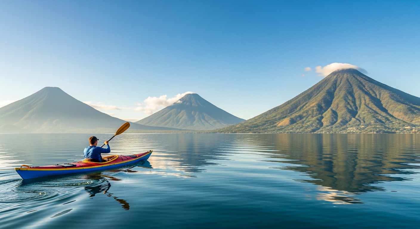Kayak en la Bahía de Atitlán con los tres volcanes al fondo