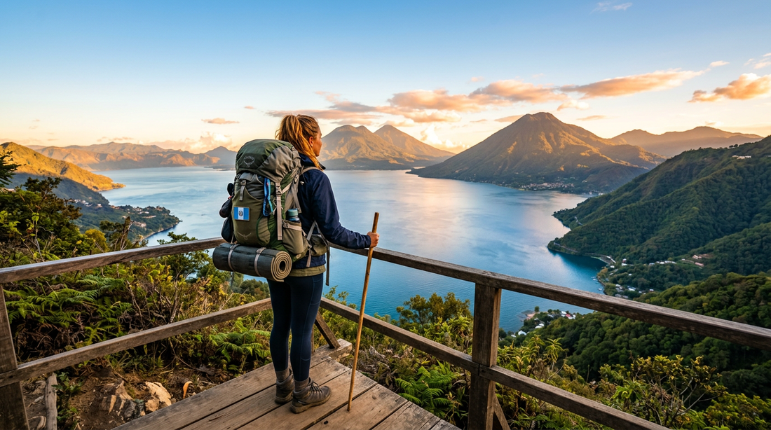 Viajero con mochila de senderismo con vistas al Lago de Atitlán, Guatemala