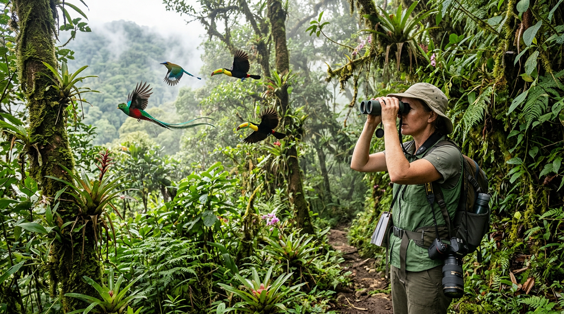 Birdwatcher con binoculares en bosque nublado de Guatemala observando aves tropicales