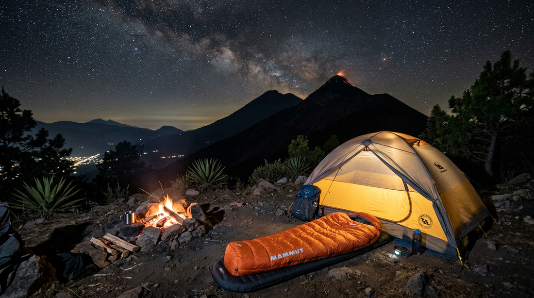 Bolsa de dormir en campamento nocturno en volcán de Guatemala